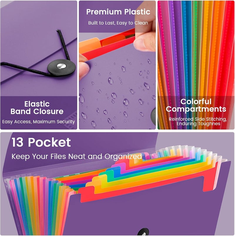 RIEJIN 13 Pocket Accordion File Organizer with Elastic Closure, Expanding File Folder for Letter Size A4 Papers, Ideal for Home, Office Supplies, College Essentials - Purple - Image 3